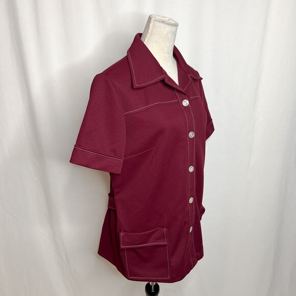 Vintage 70s Leisure Shirt Jacket Maroon Short Sleeve Accent Stitch Dagger Collar - Picture 5 of 7